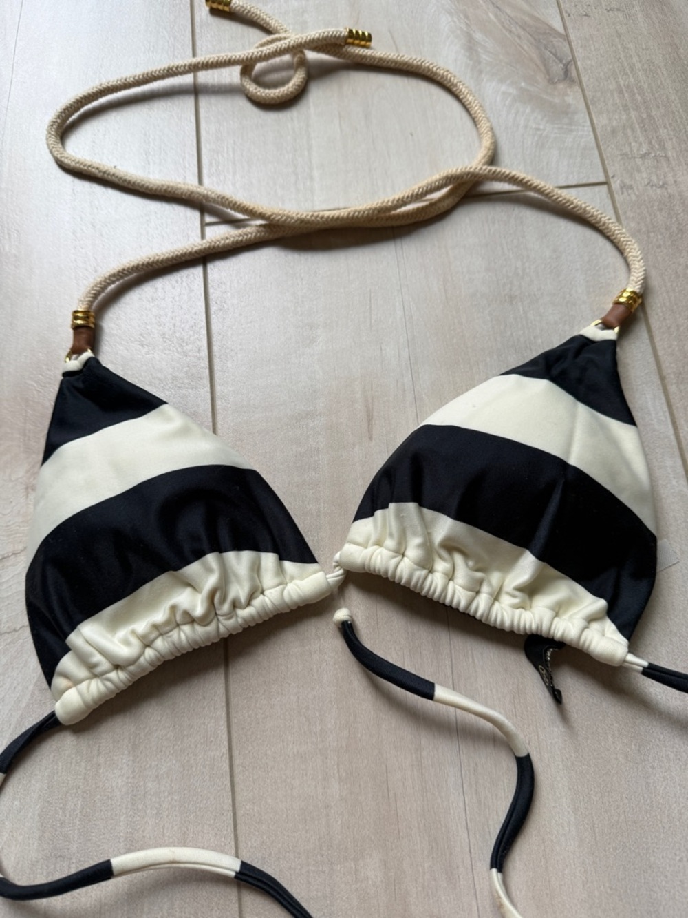 Striped Black and Cream Triangle Bikini Top